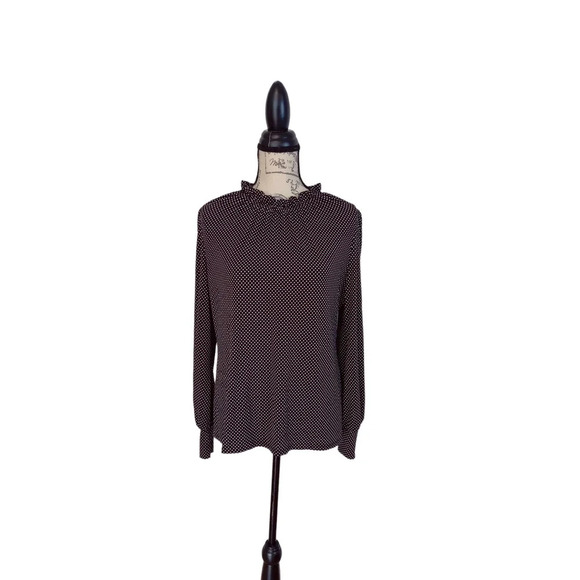 Adrianna Papell Long Sleeve Polka Dot Black White Smocked Ruffle Neck Top M - Picture 7 of 9